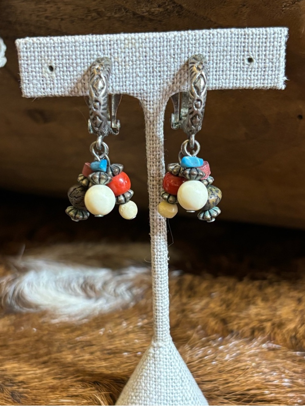 Vintage Clip on Turquoise Coral Silver Earrings